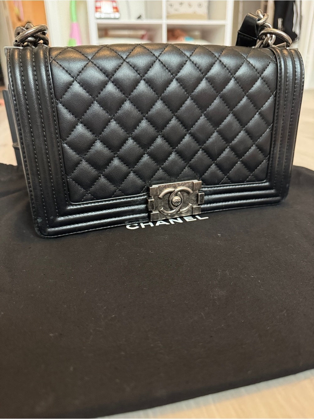 CHANEL Black Quilted Boy Shoulder Bag with Silver Hardware